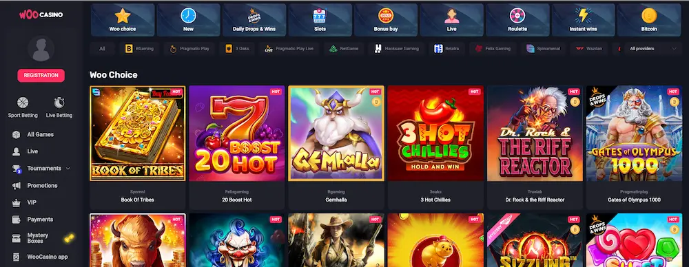 WooCasino
Table Games, Live Dealer Games, Slots, Game Shows